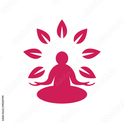 Simple graphic of person meditating surrounded by green leaves in lotus position