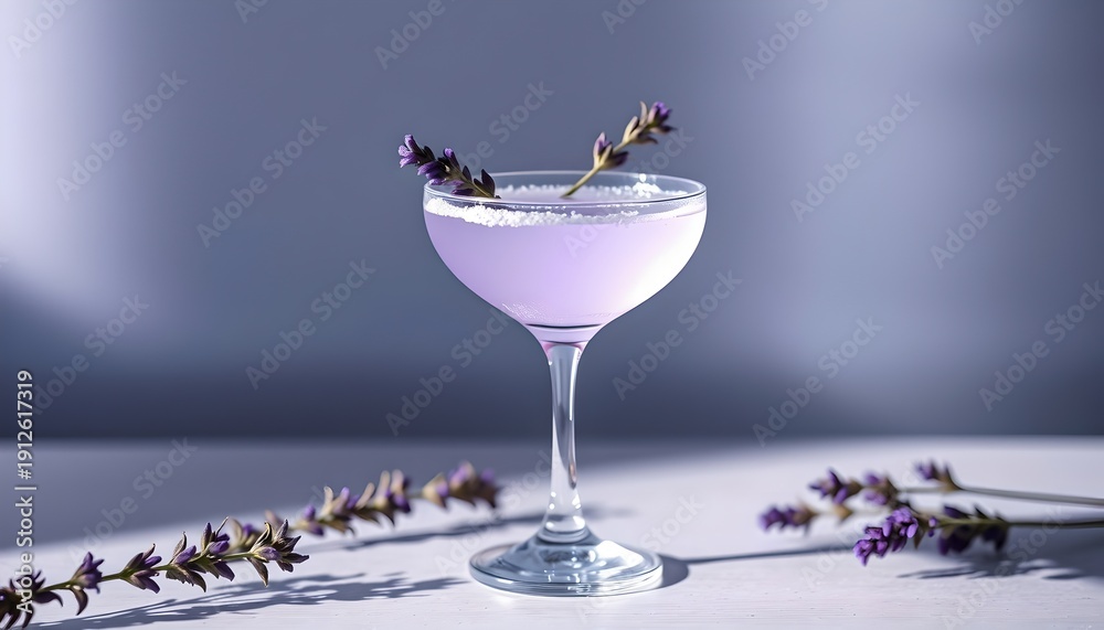 Obraz premium Elegant lavender purple cocktail in a coupe glass garnished with fresh floral sprigs.