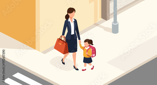 Mother and daughter walking to school on a city street.