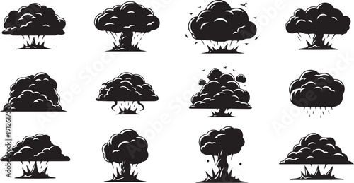Explosion Cloud Silhouettes in Various Forms and Shapes Black