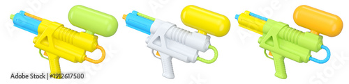 Set of plastic water gun toy for playing in swimming pool on white background