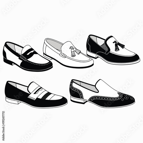 Collection of Whisk styled black and white shoes in various designs and illustrations
