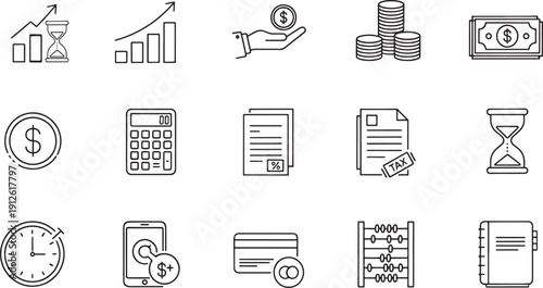 Business and Finance Icon Set Minimalist Thin Line Vector Illustrations for Accounting, Revenue, and Money Management - stock vector.