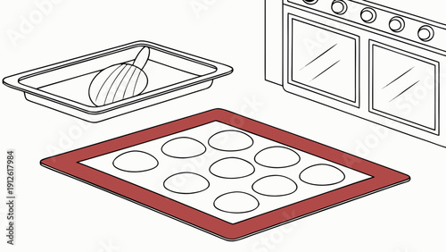 A vector graphic illustration of baking trays and an oven in a modern kitchen setting