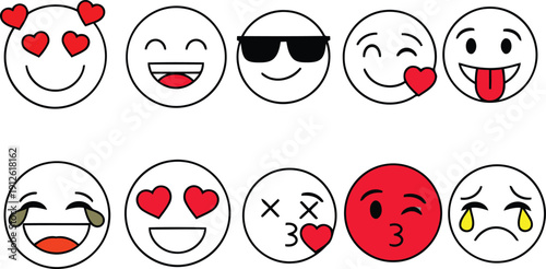 Assorted Emotive Emoticon Set with Various Facial Expressions and Heart Symbols