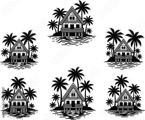 Tropical houses with palm trees in the water, showcasing various perspectives and detailed architectural designs Whisk