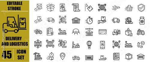 Delivery and Logistics Icons Set – Truck, Package, Drone, Cargo, Shipping, Warehouse, Route, Checklist and Delivery Person Symbols, Editable Stroke Line Icons for Infographics, Supply Chain, Courier S