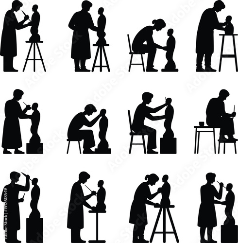 Sculptor working on statue silhouette set showing artistic creation process, sculpting and carving activities, creative studio scenes, black vector illustration isolated on white background