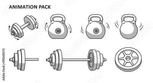 Animated Fitness Equipment Icons: Dumbbell, Kettlebell, Barbell, Weight Plate