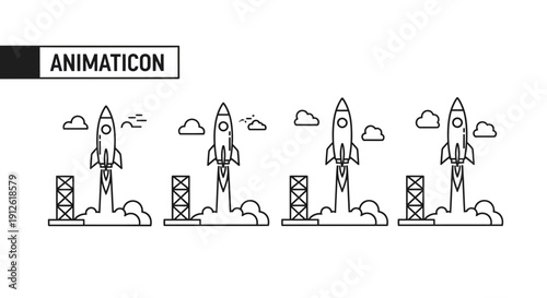 Animated Rocket Launch Sequence: Spacecraft Ascending from Launchpad with Clouds and Smoke