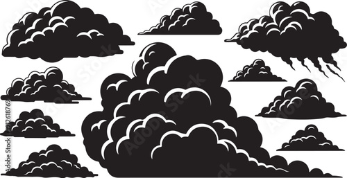 Collection of various black cloud shapes and stormy weather icons