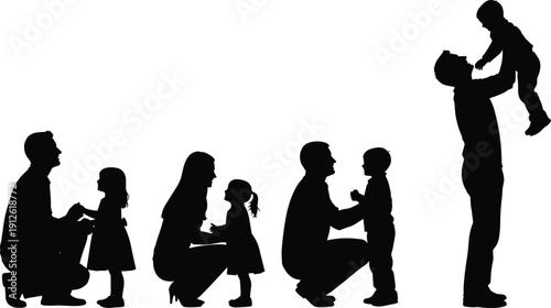 Dog silhouette collection vector set, different breeds standing running sitting jumping, pet animal outlines, canine shadows, black white graphic elements, design.