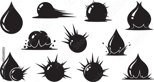 Black and white water drop splash icons and symbols