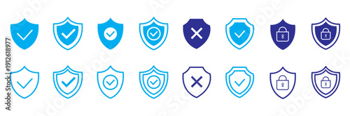 Security shield icon set. Shield check mark symbols. Protection and padlock logotypes. Vector illustration