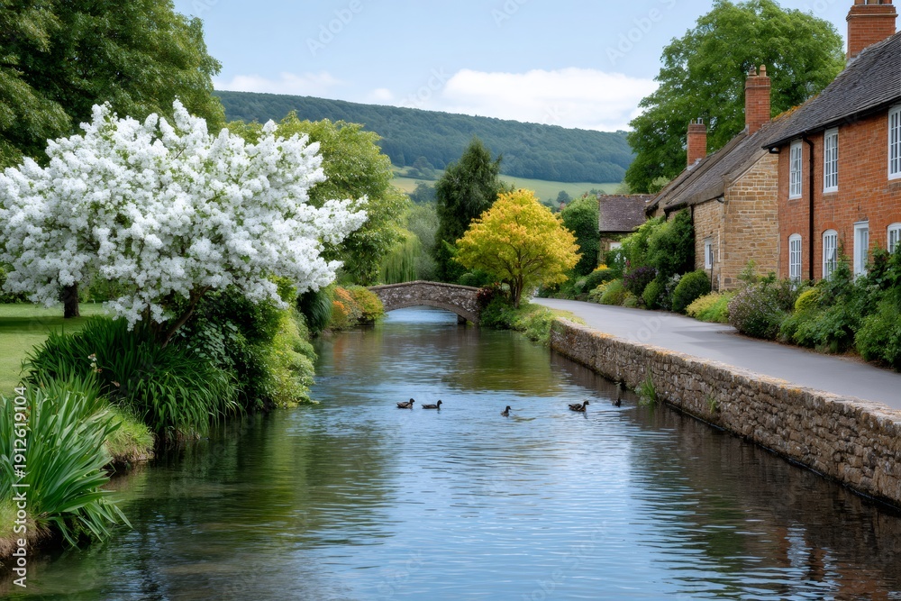 Fototapeta premium Cotswolds village with historic stone bridge and blooming tree