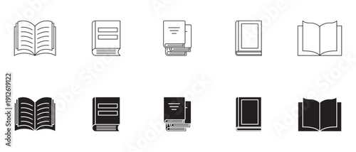 “A collection of black fill and line book icons, showcasing various open and closed book designs, stacked books, and individual volumes.”