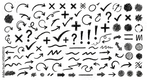 hand drawn doodle arrows and symbols set for graphic design web ui educational content featuring checkmarks crosses questions.