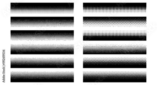 halftone dots pattern set creating a gradient effect transitioning from solid black to white ideal for modern graphic design backgrounds and abstract digital textures evoking retro comic book styles.