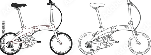 Folding bicycle illustration for urban commuting, compact city bike design, eco-friendly transportation line art for cycling enthusiasts and active lifestyle.