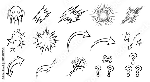 hand drawn comic graphic elements expressive symbols screaming face stars explosions arrows question marks motion lines.