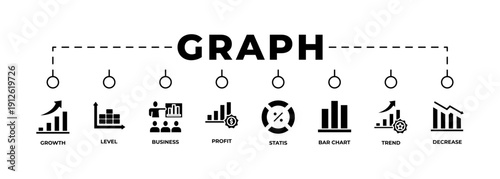 Modern business graph banner with clean line icons illustrating growth, level, business performance, profit, statistics, bar chart, trend, and decrease. Minimal black and white design suitable for web