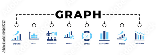 Modern business graph banner with clean line icons illustrating growth, level, business performance, profit, statistics, bar chart, trend, and decrease. Minimal black and white design suitable for web