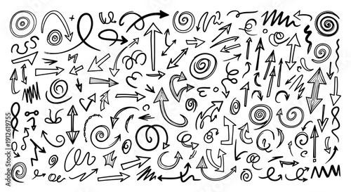 hand drawn doodle arrows and abstract spirals collection illustrating diverse directions movement and choices ideal for graphic design navigation and conceptual content.