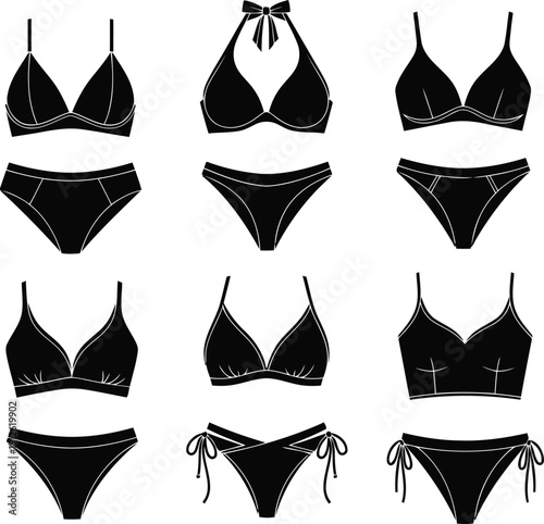 Collection of black swimwear illustrations featuring various bikinis and bras viewed from the front