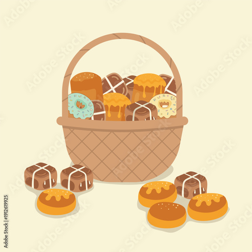 Woven basket filled with Easter sweets and pastries.