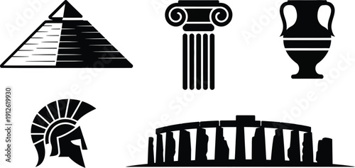 A collection of black and white vector icons representing ancient architectural and cultural elements high-quality professional