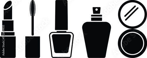 A collection of black silhouette icons representing various cosmetic products and beauty essentials high-quality professional detailed