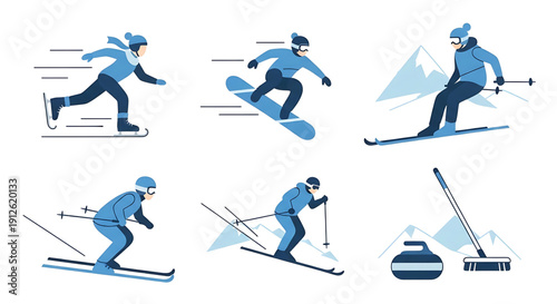 Skiers in action on the slopes, illustrating various skiing techniques and movements, set against a snowy mountain landscape from different viewpoints.