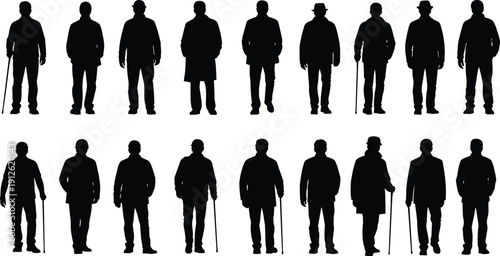 Large set of elderly man silhouettes standing with walking sticks and canes, senior male figures group for aging and retirement