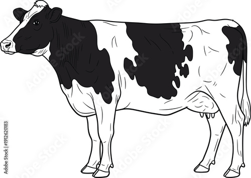 Holstein Friesian dairy cow standing illustration, black and white spotted farm animal for livestock education, cattle coloring book for children