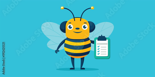 Friendly bee character holding checklist on clipboard