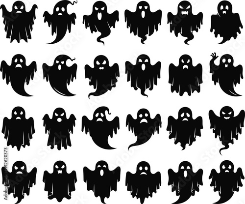 Collection of black ghost silhouettes in various poses on white background
