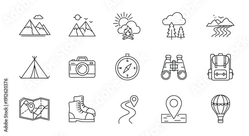 Camping and hiking icons with mountain views a minimalist silhouette