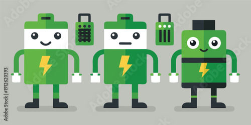Green robots with lightning bolts on their chests standing together