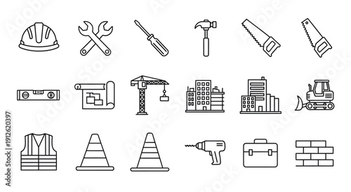 Construction tools and building equipment in a linear style silhouette