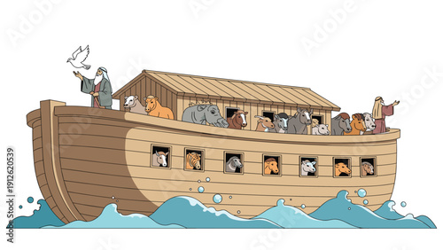 Biblical scene of Noah's Ark floating on blue sea waves with various animals looking out and Noah releasing a white dove.