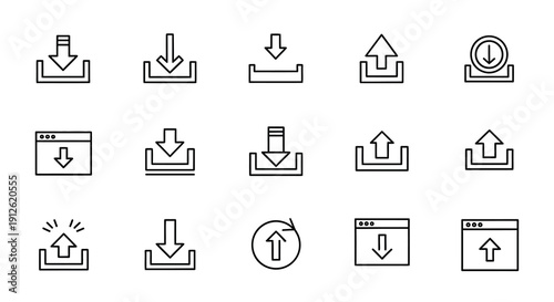 Collection of download and upload arrow icons in a linear style silhouette