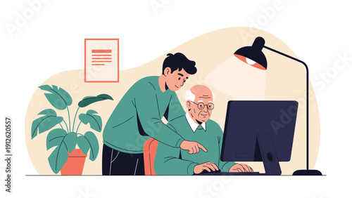 Young man teaching an elderly person how to use a computer and navigate the internet in a comfortable and modern home setting.