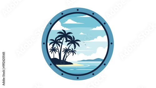 Scenic view of a tropical beach with palm trees and calm blue ocean water seen through a round ship porthole window for travel themes.