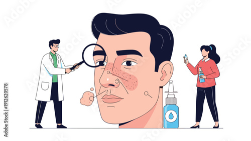 Dermatologist using a magnifying glass to examine skin conditions and blemishes on a man's face for medical diagnosis and treatment.