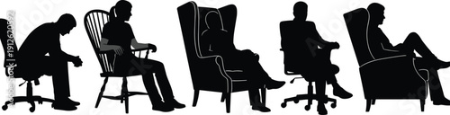 Set of silhouettes of people sitting in various chairs, including office desk chairs, wingback armchairs, and wooden chairs, for interior design