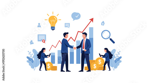 Two businessmen shaking hands in front of a rising financial growth chart symbolizing a successful partnership and deal.