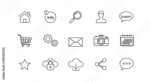 Collection of linear website icons depicting support and information silhouette