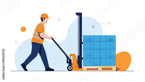 Warehouse worker wearing safety gear moving a stack of blue cargo boxes on a pallet using a manual pallet jack lift.