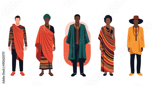 Group of people wearing diverse traditional African clothing with vibrant patterns and accessories representing cultural heritage.