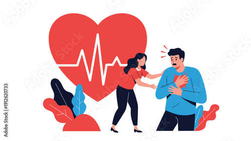 Man clutching his chest during a heart attack emergency while a woman attempts to help him in front of a large heart icon.